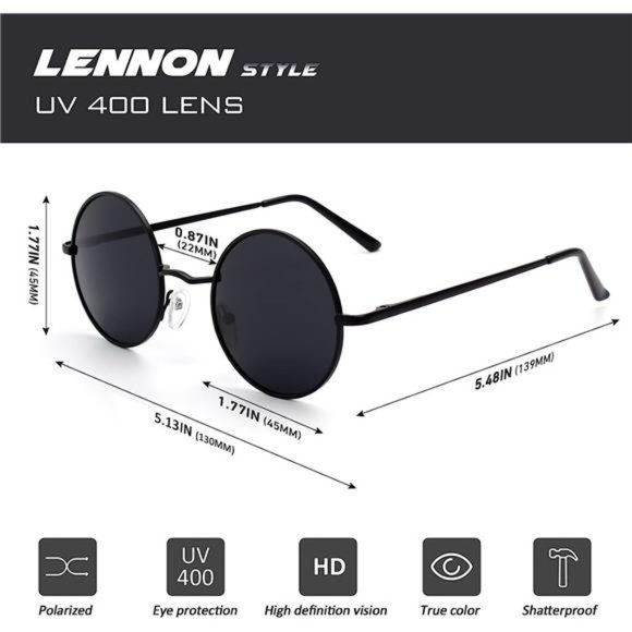 Cool Summer Mens or Womens Lennon Style Round Polarized Unisex Sunglasses - Picture 4 of 5
